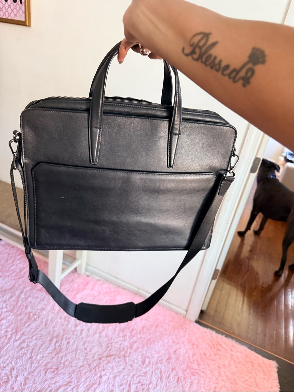 MCM Black Leather Laptop Briefcase with Detachable Strap